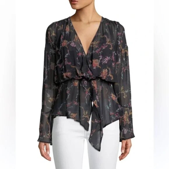 IRO Linette Faux Wrap Top Size EU 42 US 10 Black Floral Semi Sheer Bell Sleeve - Picture 1 of 10